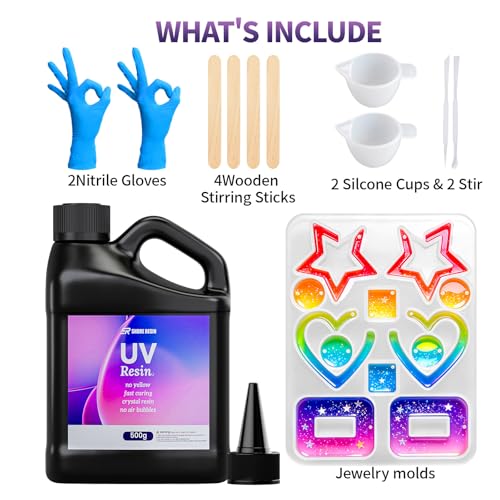 SHORE RESIN UV Resin for Jewelry Making, Crystal Clear Fast-Curing UV Resin Kit with Earring Silicone Mold & Tools for Earrings, Pendants and DIY Crafts, 500g - size: 500g