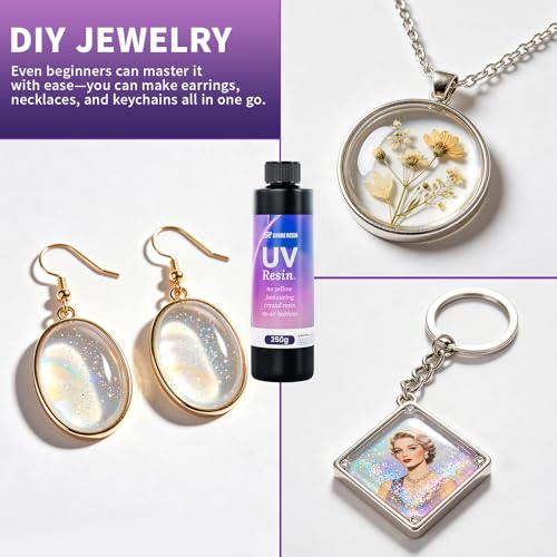 SHORE RESIN UV Resin Kit with Light, 250g Crystal Clear Fast-Curing Jewelry Set with Molds, Glitter, Dried Flowers & Tools for Earrings, Keychains & DIY Crafts - size: 250g