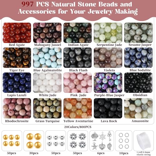 Zefy 996 Pcs 6mm Natural Stone Beads, Round Crystals Bead Genuine Real Stones, Gemstone Beads Kit with Spacer Bead Charms for Bracelets Jewelry Making (20 Colors)
