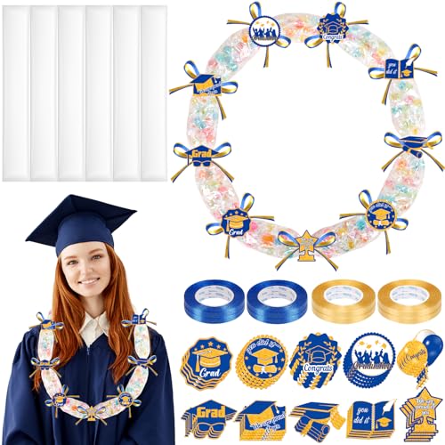 80UncleKimby 28PCS Blue and Gold Graduation Decorations 2026 Candy Leis Making Kit - Hawaiian Congrats Grad Ribbon Necklaces Party Supplies(Assembly Needed, Candy not Included)