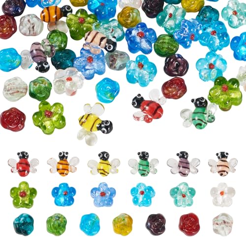 Beadthoven 45pcs Flower Bee Handmade Lampwork Glass Beads 3D Honeybee Rose Floral Glass Bead Charm Spring Summer Bumpy Murano Beads for DIY Earring Bracelet Necklace Jewelry Making - color: Bee Flower