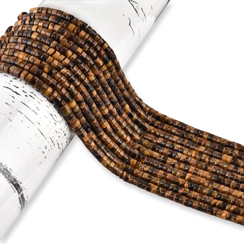 300pcs Natural Tiger Eye Heishi Spacer Beads 2x4mm Genuine Real Disc Stone Beading DIY Charm Smooth Loose Gemstone Beads for Jewelry Making Bracelets Necklaces Earrings Crafts - color: Yellow Tiger Eye