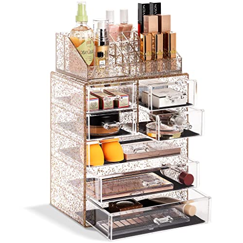 Sorbus Acrylic Makeup Organizer Set, 7-Drawer Vanity & Countertop Cosmetic Storage with Small & Wide Compartments, Glitter Makeup Storage for Brushes, Jewelry – Holiday Gift for Women & Teens - color: Glitter, size: 3 Large, 4 Small Drawers