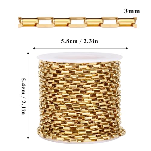 33 Feet Gold Rolo Box Chain Bulk, 3mm 18K Gold PVD Plated 304 Stainless Steel Square Link Cable Chains Roll Spool for Jewelry Making DIY Craft - color: 3MM Gold Rolo Box Chain