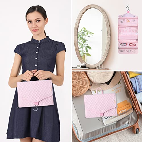 MOSISO Hanging Travel Jewelry Organizer Case, Foldable Portable Jewelry Organizer Bag with Hook & Handle for Necklace, Earrings, Rings, Bracelets and Daily Jewelries Carrying, Pink