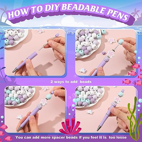 Colarr 24 Sets Plastic Beadable Pens DIY Pens Making Kit Assorted Wood Beads Crystal Spacer Black Ink Ballpoint for Women Crafts Office Family Gifts(Mermaid) - style: Mermaid