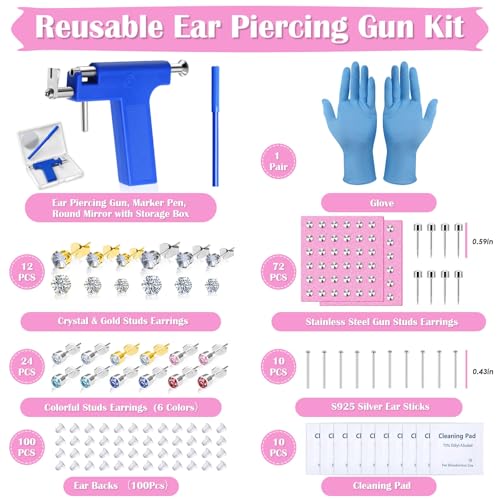Ear Piercing Gun Kit, Reusable Ear Nose Piercing Gun Machine with Stainless Steel Piercing Earrings Studs, Crystal Earrings for At Home Salon Earlobe Cartilage Helix Tragus Piercing Tool Set - color: Blue