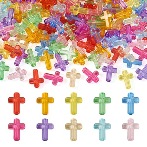 Beadthoven 200pcs Acrylic Cross Beads 10 Color Transparent Colorful Cross Beads Spacers Candy Color Plastic Crucifix Pony Spacers for DIY Necklace Bracelet Earrings Jewelry Making Supplies 16x12mm - color: Cross Transparent Multicolor