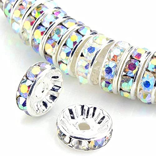 Weebee 100Pcs Rondelle Spacer Beads Crystal Charms Silver Plated Czech Rhinestone Loose Beads for Jewelry Making DIY Bracelets (Ab Crystal, 6mm) - color: Ab Crystal, size: 6mm