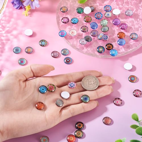 100Pcs/Set Flat Round Transparent Glass Cabochons with Pattern Eye Flatback Glass Dome Flatback Cab Beads for Photo Cameo Jewelry Making Necklace Ring DIY Crafts 12x4mm Random Flower - color: 100Pcs-12x4mm-Random Flower