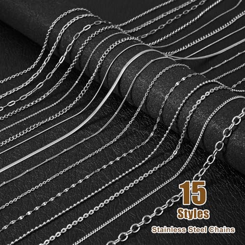 Afcabakila 15 Rolls Necklace Chains Stainless Steel Jewelry Chains Kit 118 Feet Silver for Jewelry Making DIY Necklace Bracelet Making with Jump Rings Lobster Clasps and Connectors