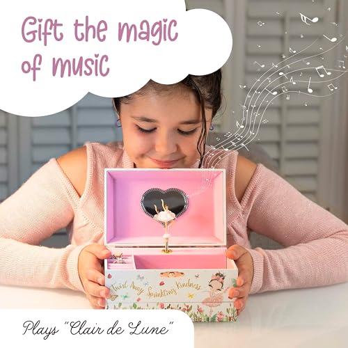 The Memory Building Co Ballerina Musical Jewelry Box Plays Classic Melody, Storage Organizer Music Box for Kids Ages 6-12, MDF Wood w/ 2 Fabric Lined Ring Bracelet Necklace Treasure Compartments - style: Ballerina