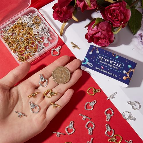 SUNNYCLUE 1 Box 3 Colors 72 Sets Heart Toggle Clasp Toggle Jewelry Clasps Alloy Antique Golden Silver Bar and Ring t-Bar Clasp Connector for Jewelry Making DIY Necklace Brcalet Women Accessories - style: Style 4