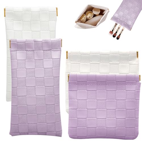 4PCS Small Makeup Bag for Purse, Mini Leather Pocket Cosmetic Bag for Women, Waterproof Portable Makeup Pouch No Zipper Coin Purse Lipstick Bag Accessories, Checkered Travel Storage Bag(White,Purple) - color: White,Purple