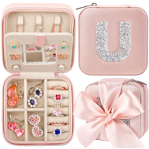 CHMI Travel Gifts for Women Girls,bridesmaids proposal gifts,Small Jewelry Organizer Box,Bridesmaid Proposal Gifts,Wedding Travel Essentials Small Jewelry Box Initial pink U - color: Champagne Pink, size: U