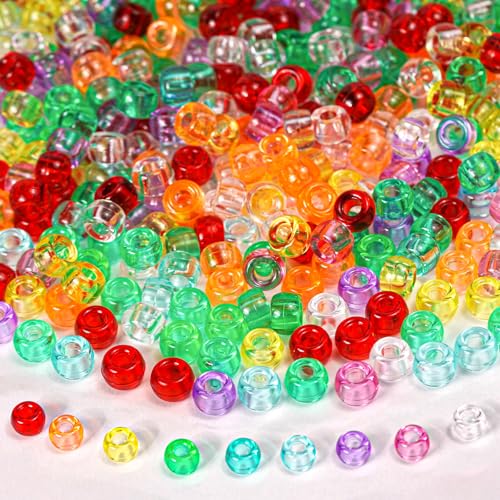 1000+ Pieces Clear Pony Beads Bulk, 9 Colors 6x9mm Transparent Acrylic Bead Large Plastic Kandi Beads for Bracelets Big Hole Hair Braids Jewelry Making Crafts DIY Projects - color: Crystal Clear 1000pcs