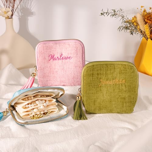 Mothers Day Gifts Personalized Travel Jewelry Case with Embroidered Name,Custom Small Jewelry Pouch Velvet Jewelry Organizer Storage Bag for Bracelet Rings Earring - color: Green