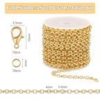 GTVOODX 18K Gold Stainless Steel Chains Bulk 16.4Feet Unfinished Rolo Link Cable Chain Roll for DIY Jewelry Bracelet Necklace Making with Lobster Clasps Jump Rings - color: Gold Rolo Chains