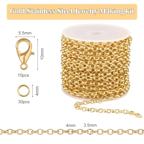 GTVOODX 18K Gold Stainless Steel Chains Bulk 16.4Feet Unfinished Rolo Link Cable Chain Roll for DIY Jewelry Bracelet Necklace Making with Lobster Clasps Jump Rings - color: Gold Rolo Chains