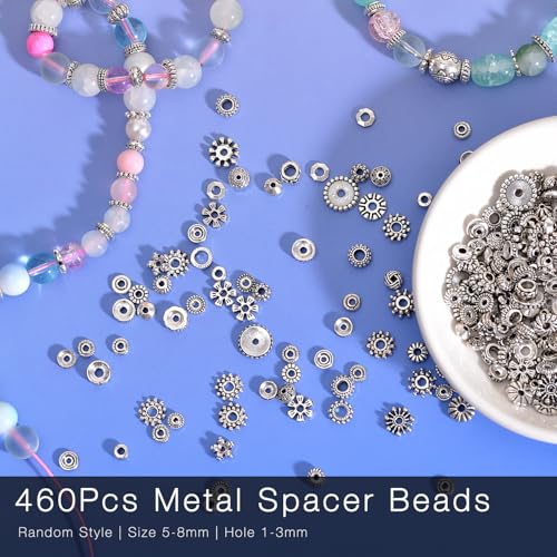 460Pcs Antique Silver Spacer Beads for Jewelry Making, Small Metal Flat Flower Beads, Bracelet, Necklace, Earring Findings & Supplies (460)