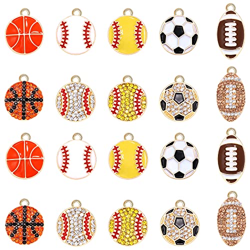 20PCS Sports Charms Enamel Basketball Baseball Pendant Charms for Jewelry Making Rhinestone Ball Game Softball Charms for Necklace Bracelet Earrings DIY Crafts - color: Set 1