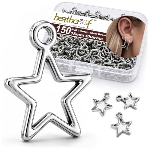 Heather's cf Celestial Beads Moon Charms Pendant Jewelry Making Earrings Necklace Bracelet Kit Findings Jump Rings Lobster Clasp Vintage Finish Plated Non Tarnish Look (Silver Star, 79-150Pcs) - color: Silver Star - 150Pc