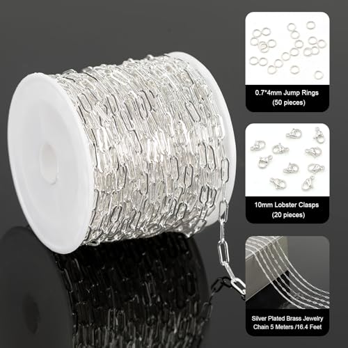 YOUBEIYEE 32.8 Feet Silver Paperclip Chain for Jewelry Making Silver Plated Brass Chain Roll for Women Necklace Bracelet DIY Jewelry Supplies - color: Paperclip