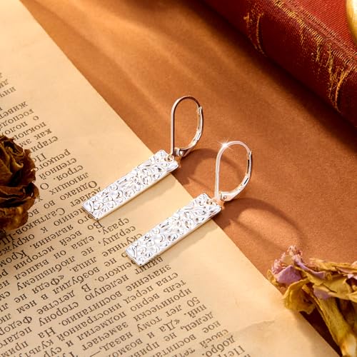 ALEXCRAFT 925 Sterling Silver Dangle Earrings for Women, 14K Gold Plated French Leverback Earrings, Hypoallergenic Lightweight Statement Hammer Square Bar Long Drop Earing for Women Trendy Jewelry - color: SilverC