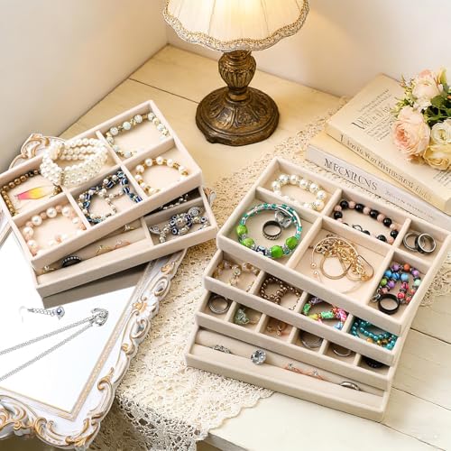12Pcs Velvet Stackable Jewelry Trays, Jewelry Drawer Organizer, Large Removable Display Jewelry Tray, Necklace Bracelet Storage Box for Earring, Ring, Brooch, Watch (Beige) - color: Beige