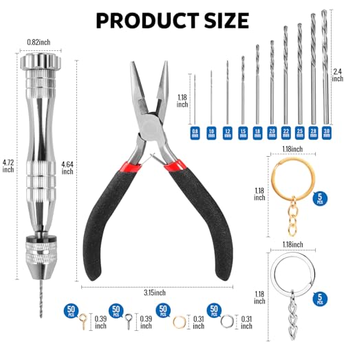 LEOBRO Hand Drill, 222 PCS Pin Vise Hand Drill with Drill Bits(0.8 mm-3 mm), Needle Nose Pliers, Keychain Making Kit, Jewelry Making Supplies, Hand Drill Tools for Jewelry Keychains Making