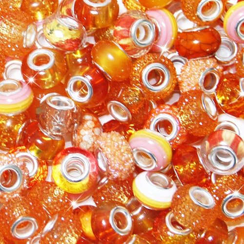 60Pcs Large Hole Beads Spacer Beads Orange Assorted European Craft Big Beads Large Hole Lampwork Murano Bead Fairy Wand Garden Bead for DIY Charm Bracelet Necklace Jewelry Making Decoration Supplies - color: Orange, size: 60 Pcs