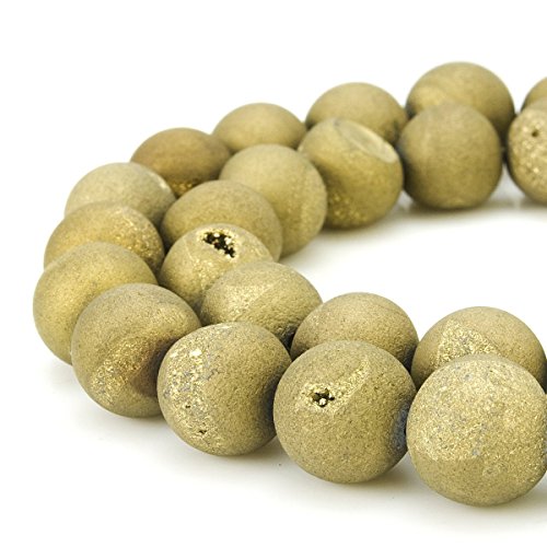RUBYCA Round Dyed Electroplated Druzy Agate Quartz Crystal Gemstone Beads (1 Strand, Gold, 6mm) - color: Gold, size: 6mm