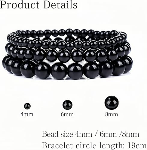 3Pcs Healing Crystal Turquoise Bracelets for Women Men 8mm 6mm 4mm Natural Stone Beaded Stretch Bracelet Jewelry Gifts for Women Girl - color: T2-Black Onyx