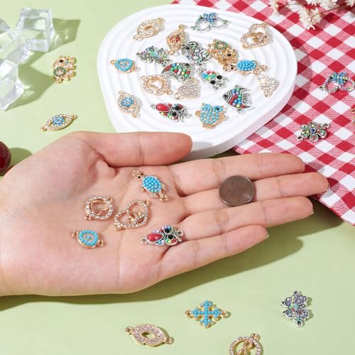 Cheriswelry Rhinestone Enamel Connectors Charm Links Evil Eye Alloy Metal Pendants Antique Silver Flat Round Hamsa Hand Owl Feather Heart Charm Pendant for Bracelet Necklace Jewelry Making - color: Antique Silver Gold-Mixed Shapes