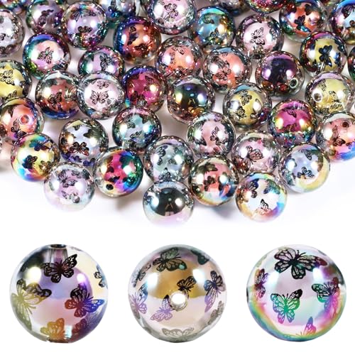 15Pcs Acrylic Beads Round 16mm UV Bead in Bead with Butterfly Print Fit for DIY Jewelry Bracelet Necklace Keychain Beadable Pens Mobile Phone Chain Making Cute (Butterfly-Black) - color: Butterfly-Black