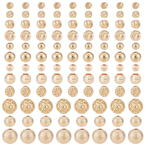 PH PandaHall 120pcs 14K Gold Spacer Beads 4/5/6/8mm Beads Brass Round Beads Metal Loose Beads Long-Lasting Spacers for Clay Bead Summer Bikini Beach Layered Stackable Necklace Bracelet Jewelry Making