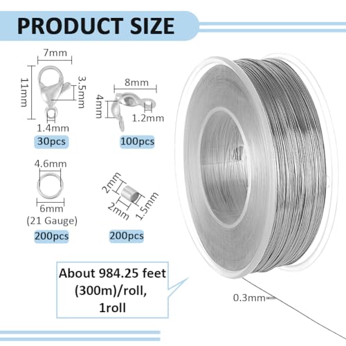 BENECREAT 984 FT Stainless Steel Beading Wire, 0.3mm Tiger Tail Wire with 200pcs Jump Rings, 200pcs Crimp Beads 100pcs Bead Tips and 30pcs Lobster Clasps for Jewellery Making - size: 0.3mm, style: 1 Strand