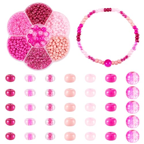 Pandahall 1 Box 6/0 Pink Theme Glass Seed Beads 7 Colors Round Tiny Glass Crackle Beads Bulk 4mm Small Assorted Charms for Earring Bracelets Necklace Jewelry Making - color: Pink - 7 Colors, size: 6/0