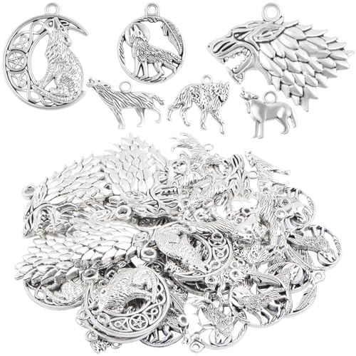 48 Pieces Vintage Alloy Mixed Wolf Shape Charms Tibetan Silver Animal Wolf Head Dangle Pendants for DIY Handmade Projects Jewelry Making Supplies, 6 Styles