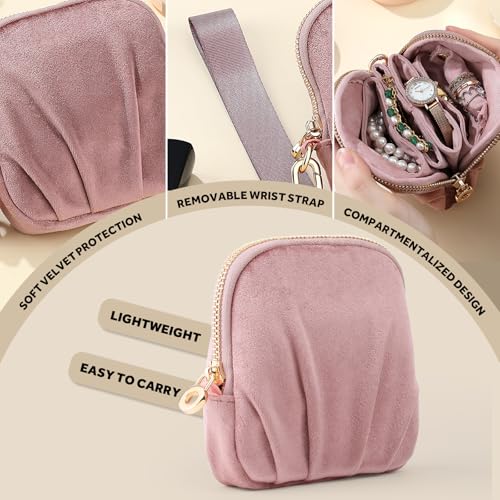 Velvet Travel Jewelry Pouch, 2-in-1 Clamshell Case with Detachable Insert, Portable Travel Jewelry Organizer with Wrist Strap, Converts to Mini Coin Purse, Gift for Women & Girls (Dusty Pink) - color: Dusty Pink