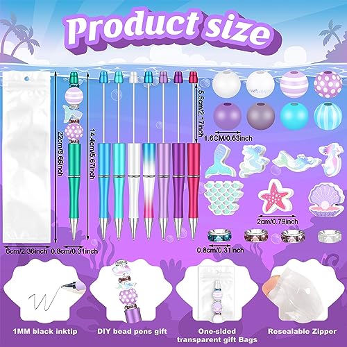Colarr 24 Sets Plastic Beadable Pens DIY Pens Making Kit Assorted Wood Beads Crystal Spacer Black Ink Ballpoint for Women Crafts Office Family Gifts(Mermaid) - style: Mermaid