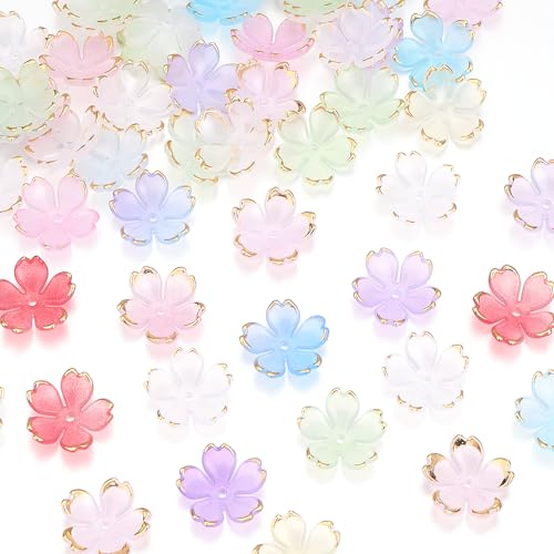120Pcs Cherry Blossom Acrylic Flower Beads, Shiny Gold-Plated Floral Spacer Beads 5-Petal Gradient Floral Bead for Necklaces Bracelets Earrings Cell Phone Chain DIY Adult Jewelry Making (Mixed Color - color: Mixed Color, size: Flower Beads