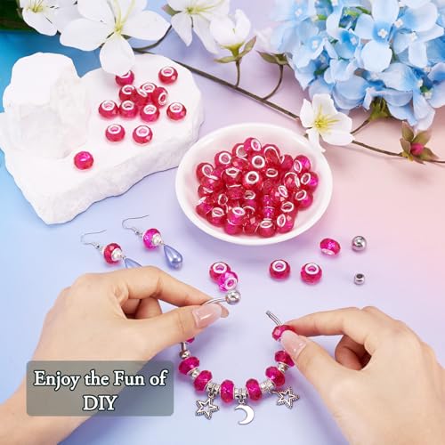 100pcs 14mm Large Hole Beads Glass Crystal Faceted Beads Magenta European Crystal Spacer Beads for Valentine's Day Necklace Earring Bracelet Crafts Jewelry Making - color: Magenta