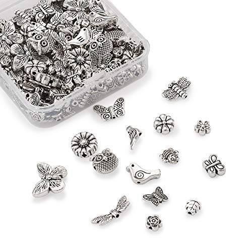 Beadthoven 150pcs/box Tibetan Silver Butterfly Flower Spacer Beads Owl Bird Dragonfly Bees Loose Beads Charms with 1-2mm Hole for Jewelry Crafts Making - color: Antique Silver-Butterfly-15 Style