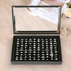 KUKUVR 100 Slots Ring Earring Holder Display Case, Velvet Jewelry Ring Earring Storage Organizer Box Tray with Clear Lid for Women And Selling Show (Black) - color: Black