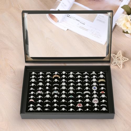 KUKUVR 100 Slots Ring Earring Holder Display Case, Velvet Jewelry Ring Earring Storage Organizer Box Tray with Clear Lid for Women And Selling Show (Black) - color: Black