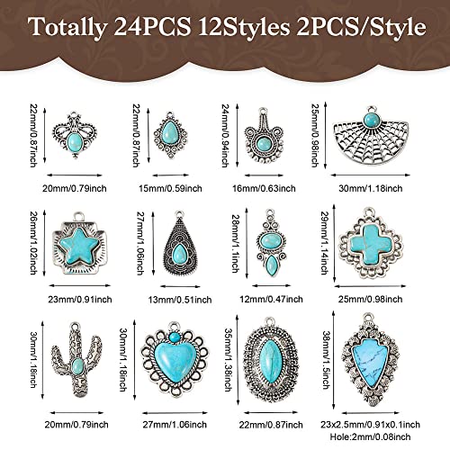 PH PandaHall 24Pcs Western Jewelry for Women Earring Bohemian Turquoise 12 Styles Pendant Charm DIY Bracelet Necklace Making, # Sky Blue (FIND-TA0001-79-Yilisi)