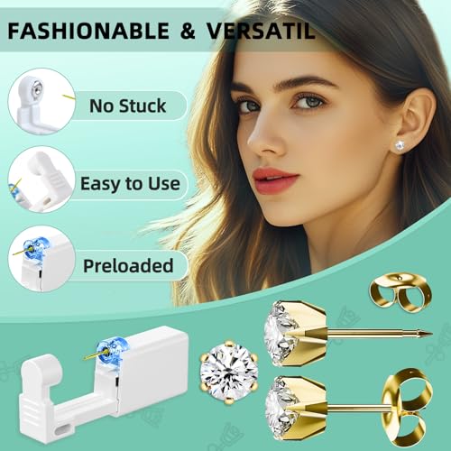 Nunpag 12 Pcs Ear Piercing Kit Disposable Ear Piercing Gun Kit with 4 Pcs 6 Prong Setting Cubic Zirconia Earrings Stud 316L Stainless Steel Easy to Use at Home Self Ear Piercer Gun Kit Tool - color: Gold
