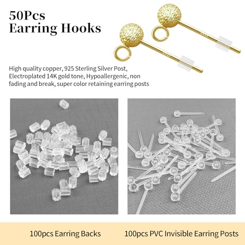 14K Gold Plated Ball Earring Posts Hypoallergenic Earring Studs Ball Ear Pin with 925 Sterling Silver Post for DIY Jewelry Making Findings - color: A Style-14K Gold Dull Polish Ball