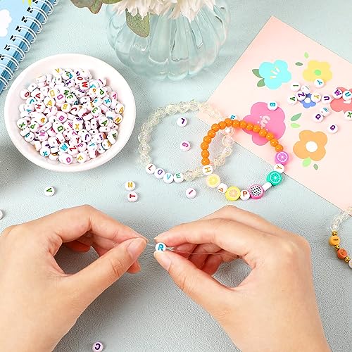 Letter Beads, DECYOOL Acrylic Alphabet Beads with 1 Roll Elastic String for Bracelet Necklace Jewelry Making Supplies (White Colorful) - color: White Colorful